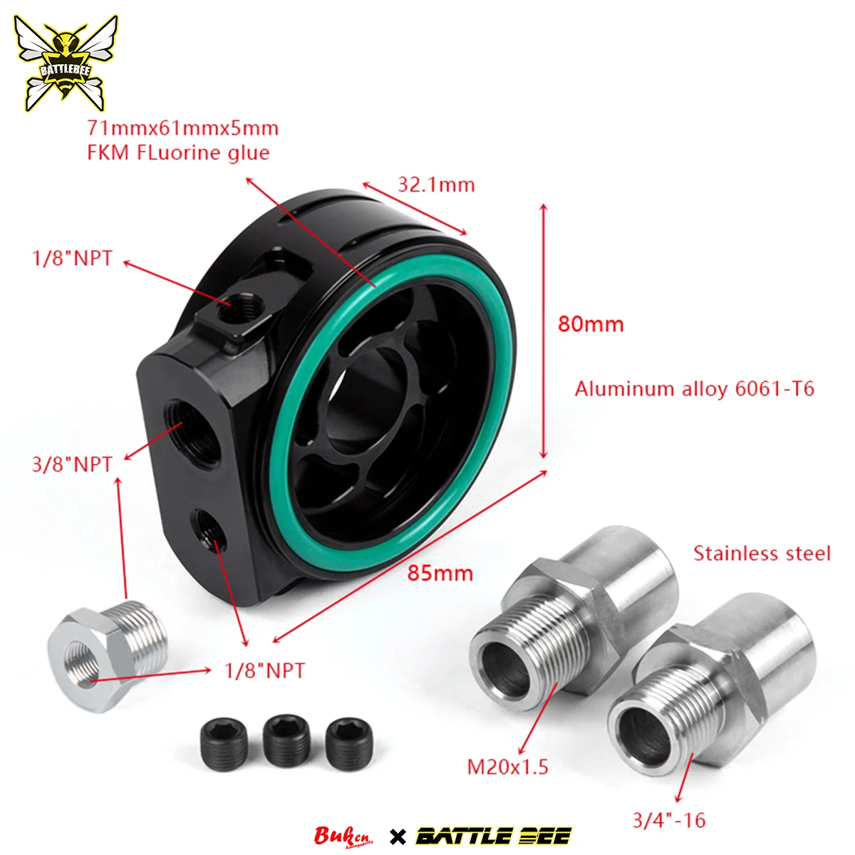 -BB-UOA-005 Universal 80MM Big T Oil Sandwich Plate Oil Cooler Adapter Oil Pressure Temp Gauge Port M20x1.5 3/4