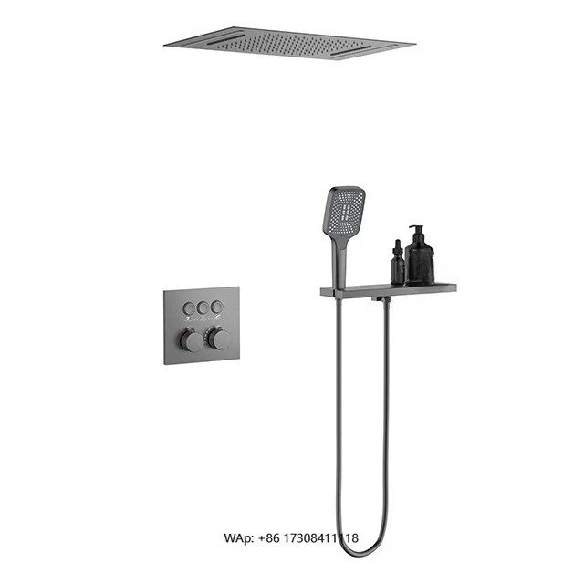 

Black Brass Concealed Thermostatic Shower System Multi-Function Bathroom Ceiling Waterfall Set Pause Massage Jets Soft