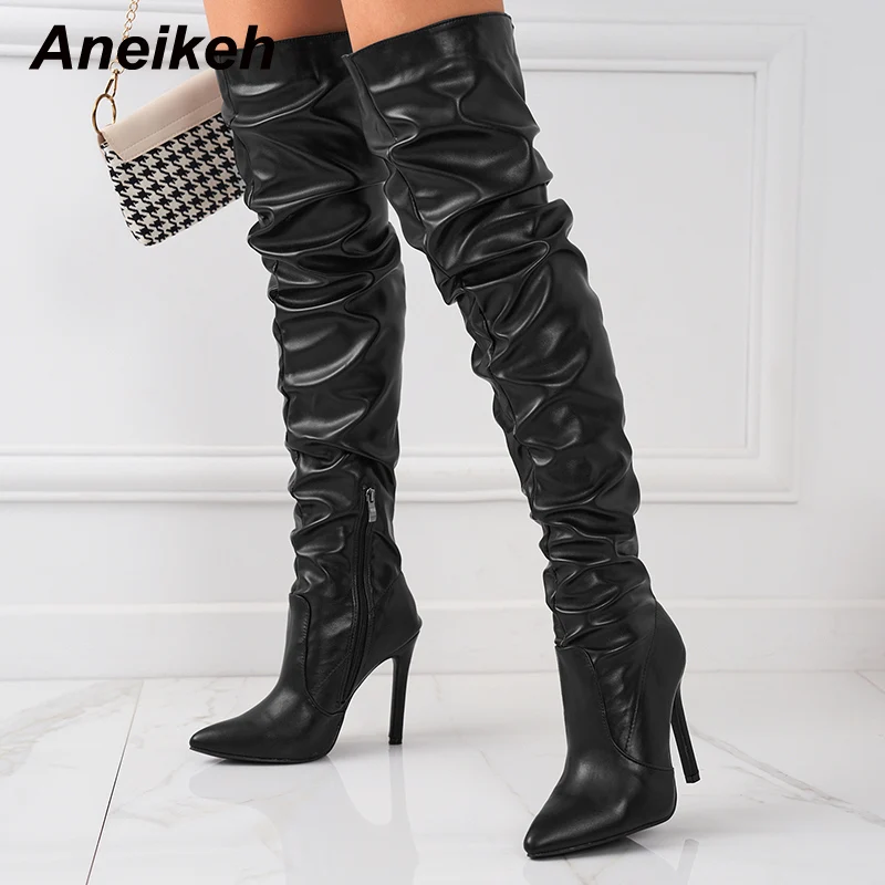 

Aneikeh 2024 Fashion Elegant Pointed Head Thin High Heel Over Knee Boots Women's PU Pleated Side Zipper Chelsea Boots Party Ball