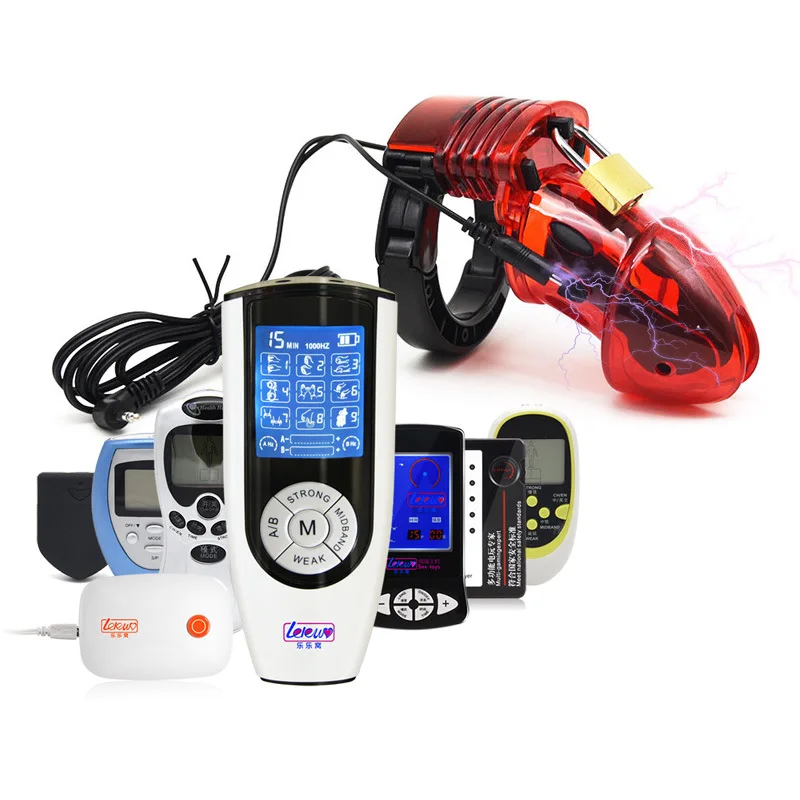 Electric Shock Chastity Device Kit Cock Cage Ball Stretcher BDSM Timer Lock Electro Stimulation Penis Ring Male Sex Toys