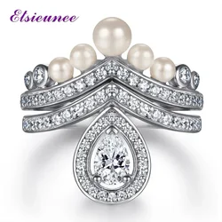 ELSIEUNEE100% 925 Sterling Silver Wedding Rings Set for Women Sparking High Carbon Diamond Pearl Engagement Fine Jewelry Gifts