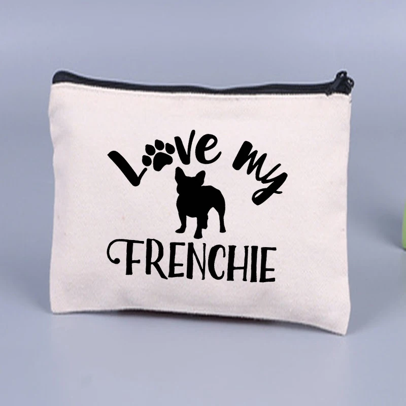 Female Toiletry Storage Pouch Travel Cosmetic Case I Love Frenchie Print Canvas Makeup Bags Zipper Coin Purse Pencil Organizer