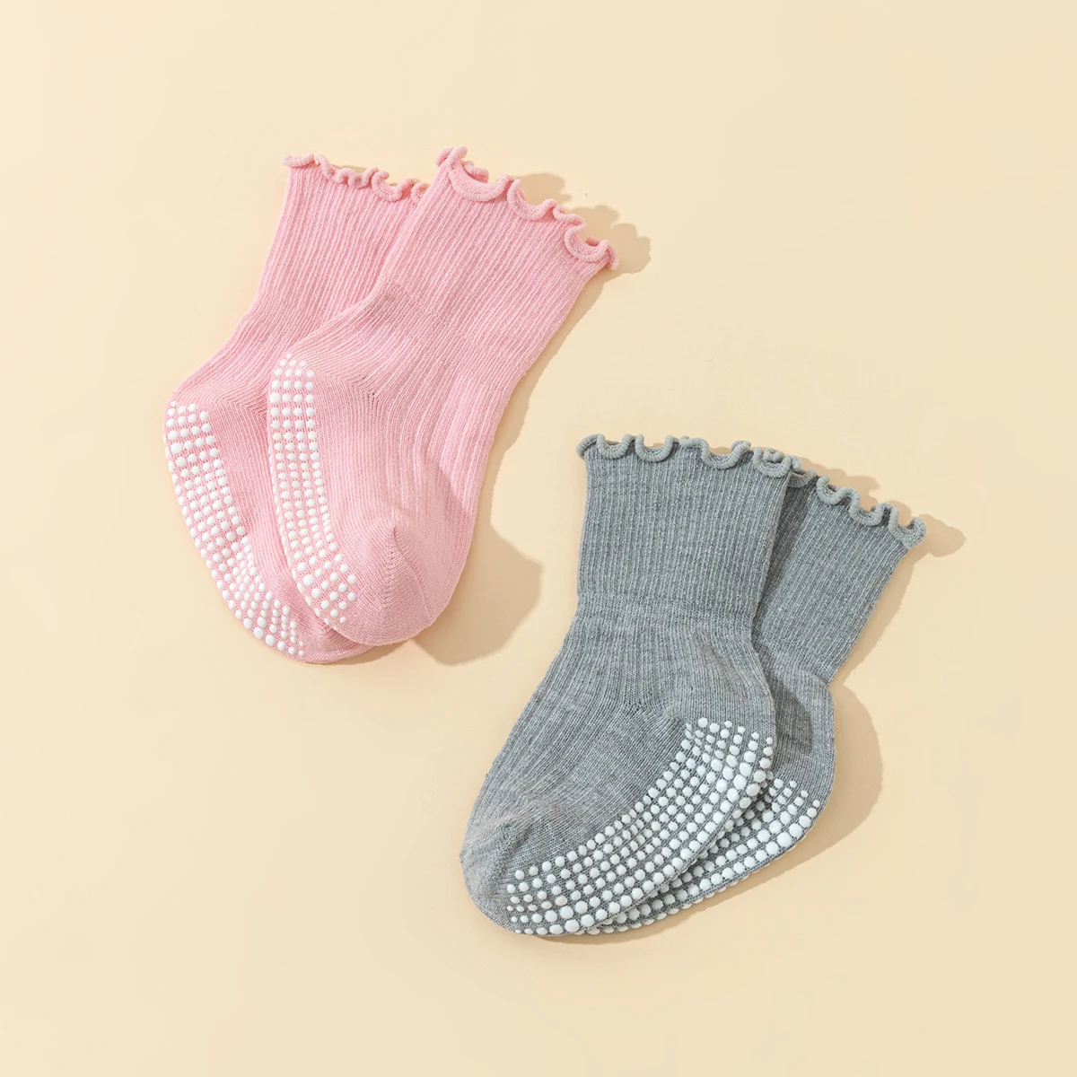 6 أزواج من الجوارب القطنية للفتيات الصغيرات مع دانتيل - جوارب جل للأطفال مضادة للانزلاق، جوارب مشي لطيفة بتصميم كشكشة غير قابلة للانزلاق