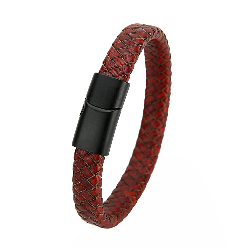 Mibrow Geflochtenes Schwarzes Leder Herrenarmband 10x5 12x6mm Größe Mode Metall Magnetverschluss Wickelarmbänder Punk Charm Herrenschmuck