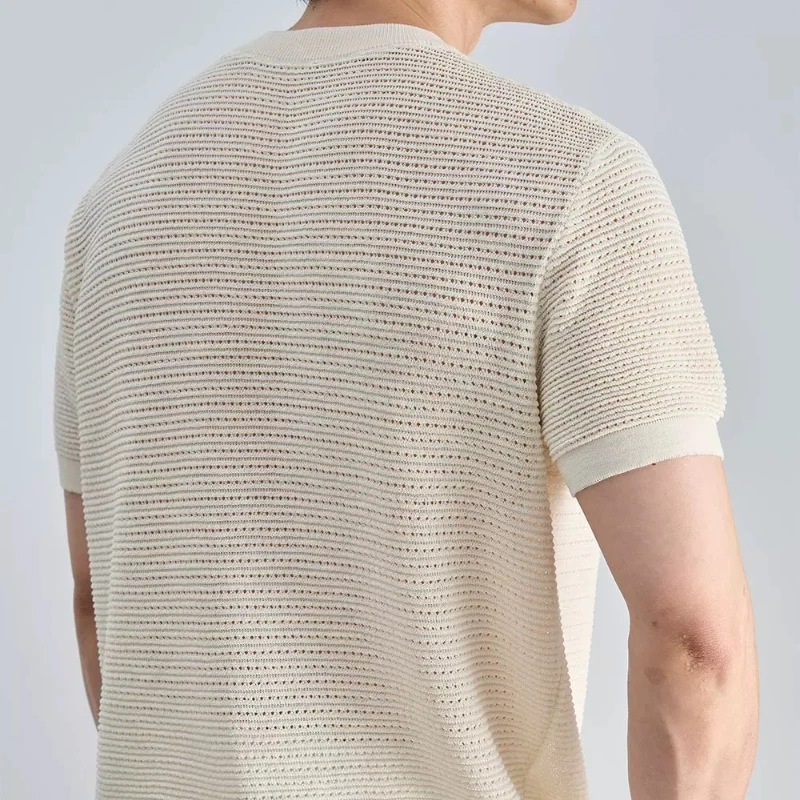 Men's Old Money Style Tencel Linen Knitted T-Shirt Summer Breathable Hollow Out Texture Short Sleeve Crew Neck Casual Top