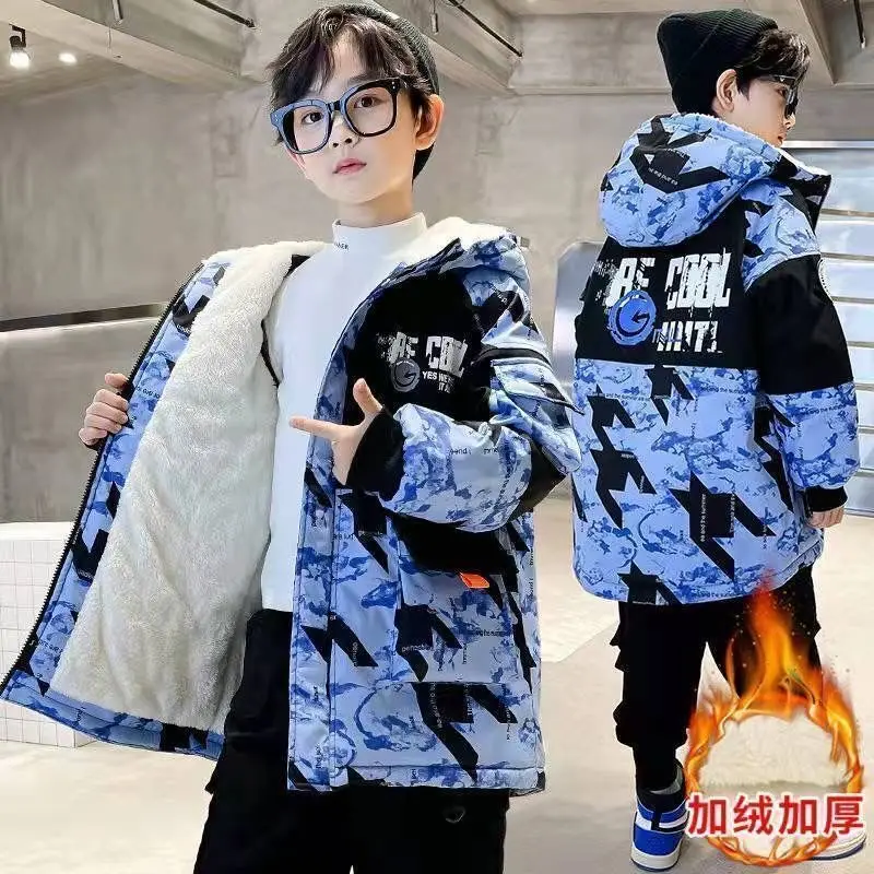 Boys Winter Jacket Children Camouflage Hooded Outwear Kids Thicken Warm Plus Velvet Coat for Boys 4 6 8 10 12 14 Years