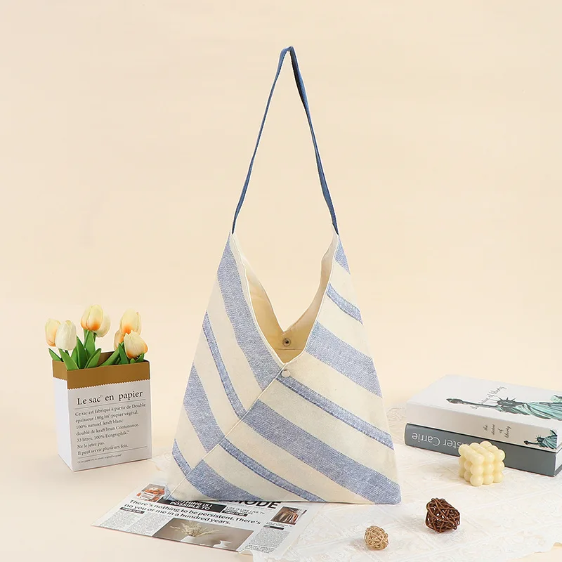 Women Striped Linen Blend Triangle Tote Bag Large Capacity Single Shoulder Handbag Reusable Shopper Bag for Beach School Grocery