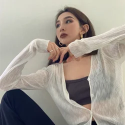 Women's Black and White Cardigan Ice Silk Sunscreen Top Summer Thin Korean Fashion V Neck Short Coat Streetwear Recreational