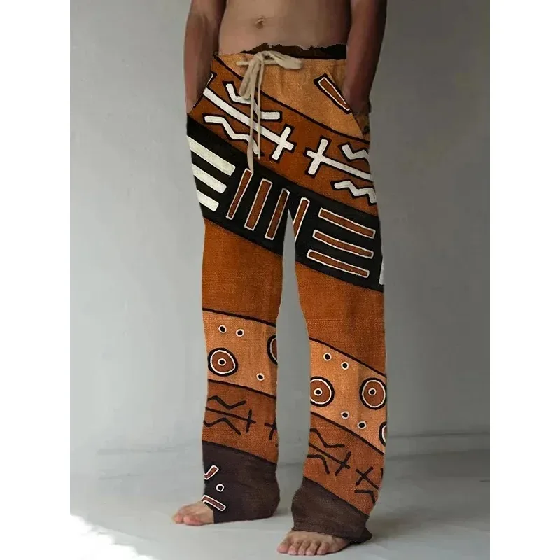Мужские повседневные широкие брюки с геометрическим узором и принтом в этническом этническом этническом стиле, летние брюки для влюбленных, мягкие расклешенные брюки размера плюс