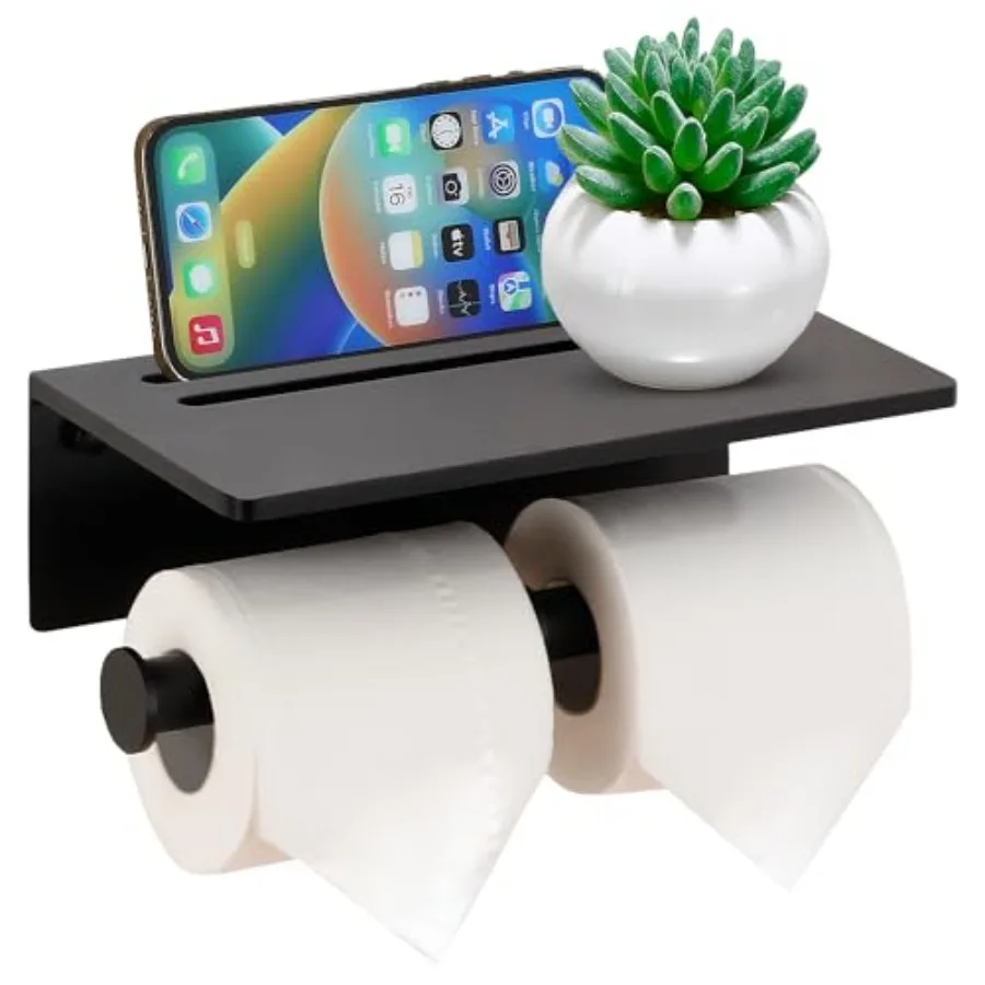 

Toilet Paper Holder - Aluminium Double Roll Toilet Tissue Holder with Mobile Phone Shelf for Bathroom, 3M Self Adhesive No Dril