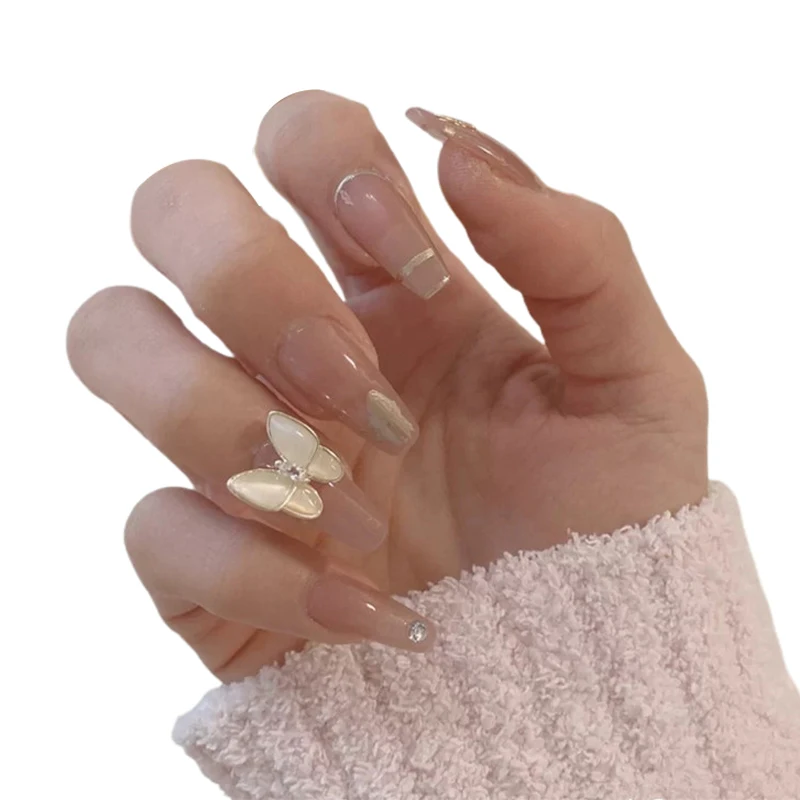 24pcs Butterfly Decorated False Nails Rhinestone Butterfly Designs Short Stiletto Fake Nails Full Nail Art Tips Press On Nails