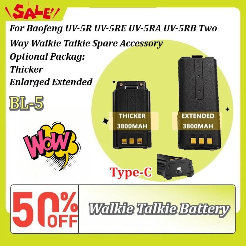 New Extended Thickened 3800mAh Type‑C Battery BL‑5 For Baofeng UV‑5R UV‑5RE UV‑5RA UV‑5RB Two Way Walkie Talkie Spare Accessory