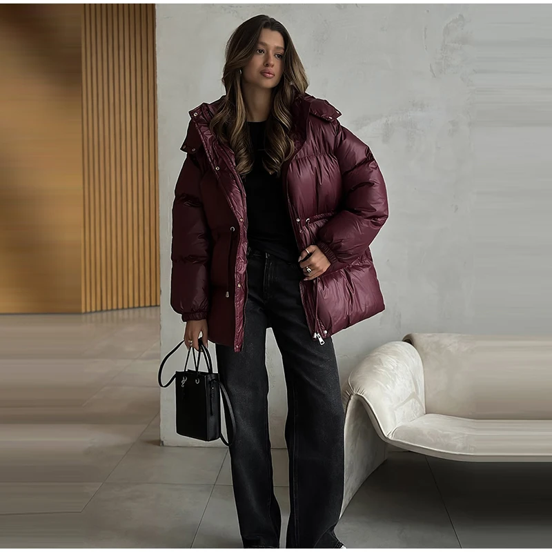  Fashion Solid Cropped Padded Coats Women Detachable Hood Zip Drawstring Hem Warm Jacket 2026 Winter New Lady Casual Outerwear