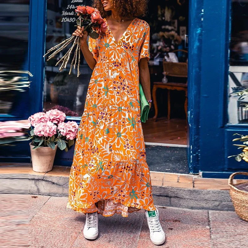 

2024 Summer Women's V-Neck Long Slim-Fit Maxi Dress Fashion Casual Beach Holiday Party Dress Elegant Short Sleeve Pullover Dress