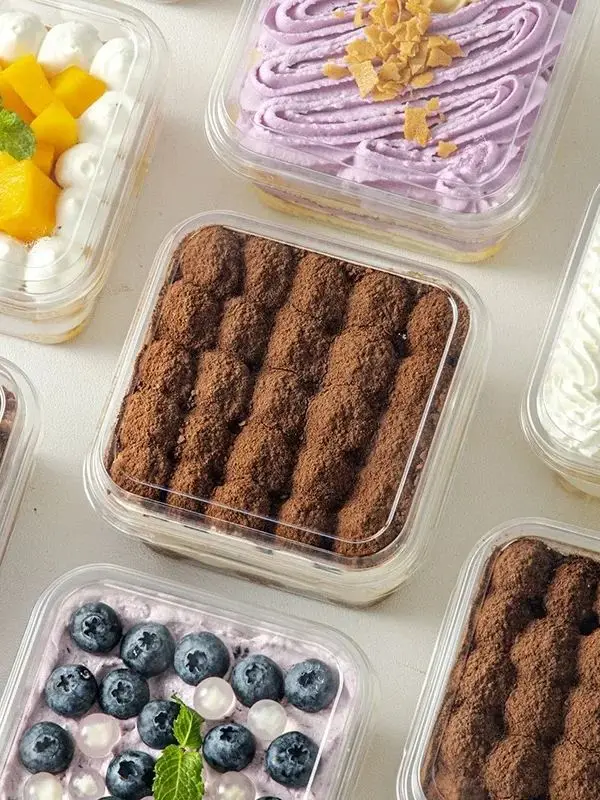 Tiramisu-Box Spezial Einweg Transparente Verpackungsbox Kuchenform Verpackungsaufkleber Quadratische Sojamilch-Dessertbox 10 Stück 400ml – Detail 1