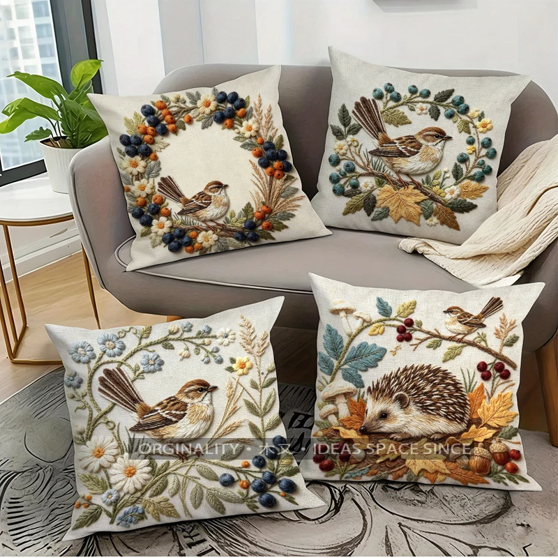 2D Vintage Floral Bird Hedgehog Pillow Covers Pattern Cushion Cover Suitable for Sofa Bedroom Car Pillow Cover