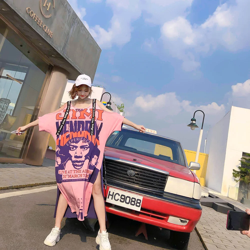 2025 Summer Fashion Chic Print T-shirt Dress for women High Street Trendy Off Shoulder Loose Dresses Female Clothing