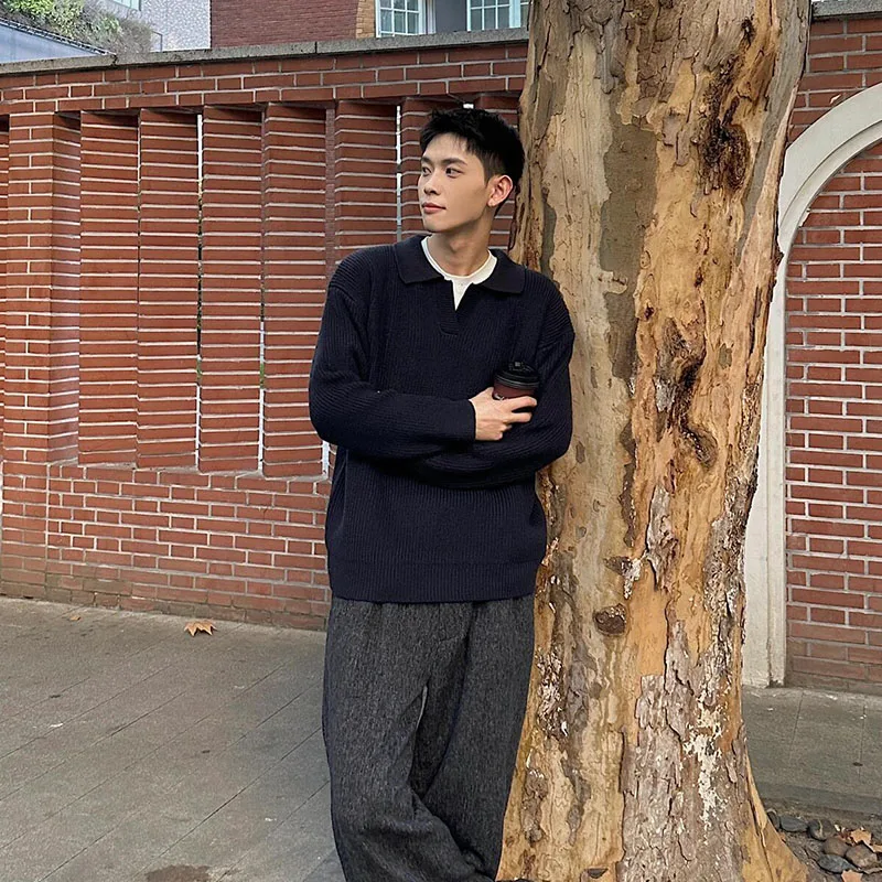 

Мужская трикотажная рубашка с V-образным вырезом в японском ретро-стиле, весенне-осенний базовый слой, корейская версия, высококачественная вязаная верхняя одежда