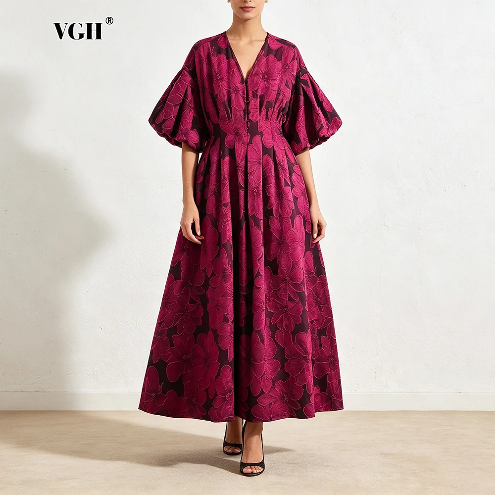 VGH Elegant Jacquard Floral Maxi Dress for Women V Neck Puff Balloon Short Sleeve A Line Back Invisible Zipper for Evening Party