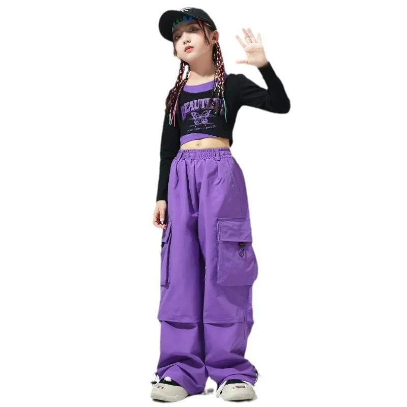Menina hip hop roupas ruched decote em v colheita topo bolso largo calças de carga para crianças jazz dança traje roupas