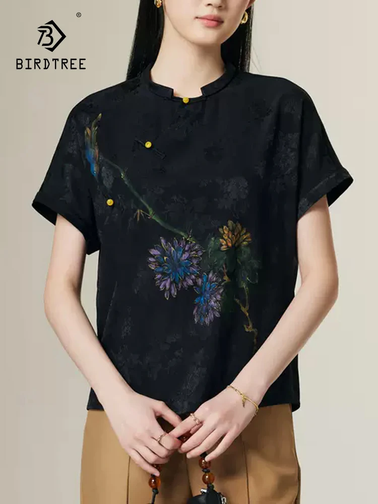 

BirdTree, 19MM 89.5%Mulberry Silk Elegant T-Shirt, Women Short Sleeve Print, Retro Chinese OL Tops, 2024 Summer Autumn T47269QC