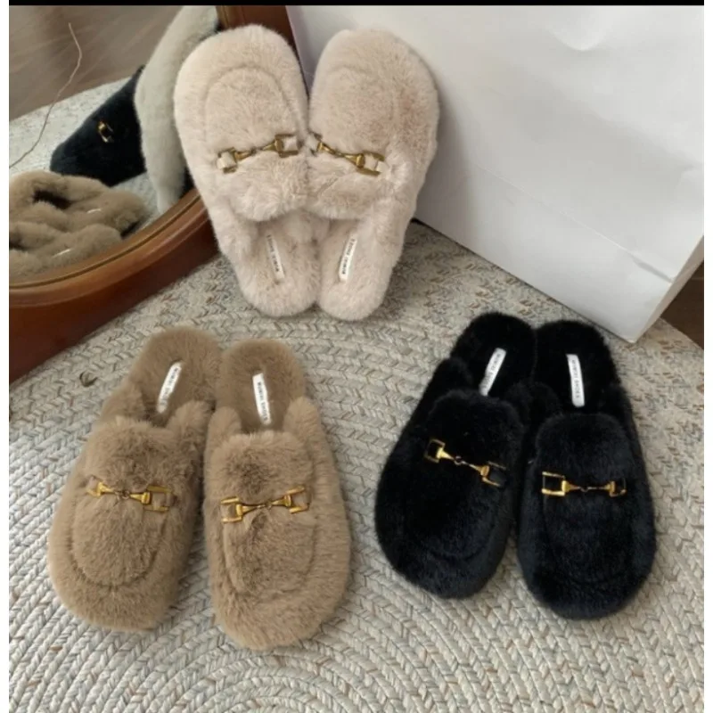 

New Style Fashionable Women's Shoes Mules for Women Loafers Low Luxury Slippers Cover Toe Fur Flip Flops Winter Footwear Flats