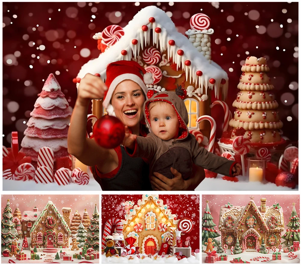 

Merry Christmas Photography Backdrop Xmas Tree Gingerbread House Gifts Candy Winter Kids Portrait Family Photo Background Decor