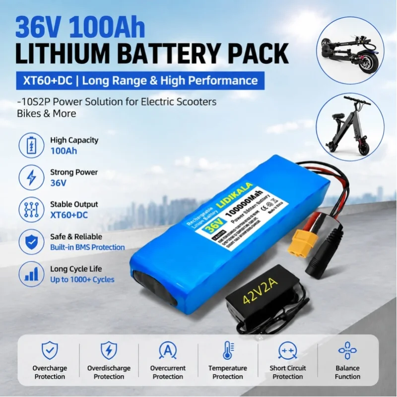 Neuer 18650 Lithium-Akku 10S2P 36V 100000mAh 500W Wiederaufladbarer Elektroroller-Akku mit BMS-Schutz für E-Bike Kick-Scooter Ersatzstromversorgung