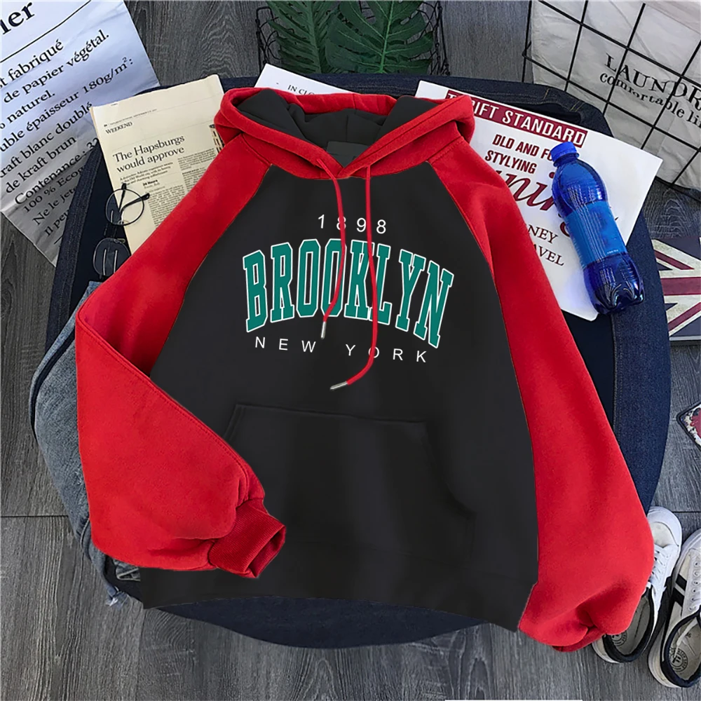 1898 Brooklyn NEW YORK Letter Printed Women Hoodies Crewneck Vintage Clothes Autumn Warm  Raglan Tops Loose Creative Sweatshirts