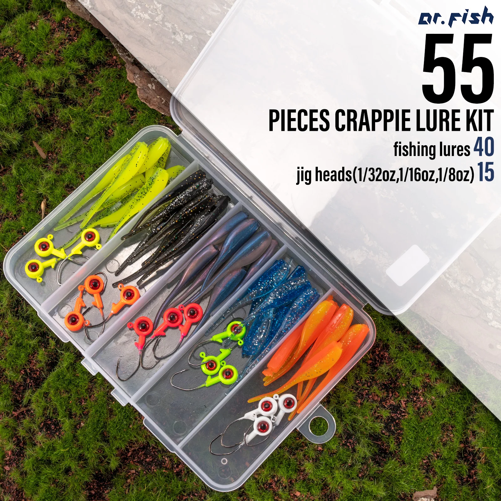 Imagem -05 - Soft Plastic Jig Cabeça Gancho Crappie Lures Kit Trout Bait Grub Worm Bass Bluegill Panfish Pesca Jig com Tackle Box 55 Pcs