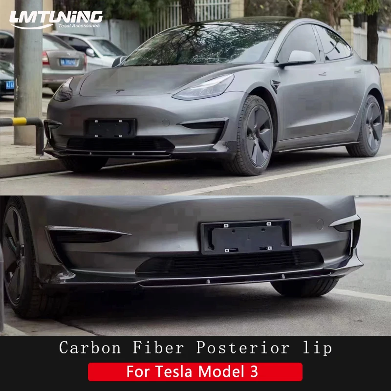 

LMTUNING Carbon Fiber Front Bumper Lip Spoiler Splitter Side Body Kit Trim Protection Compatible with 2017-2020 Tesla Model 3