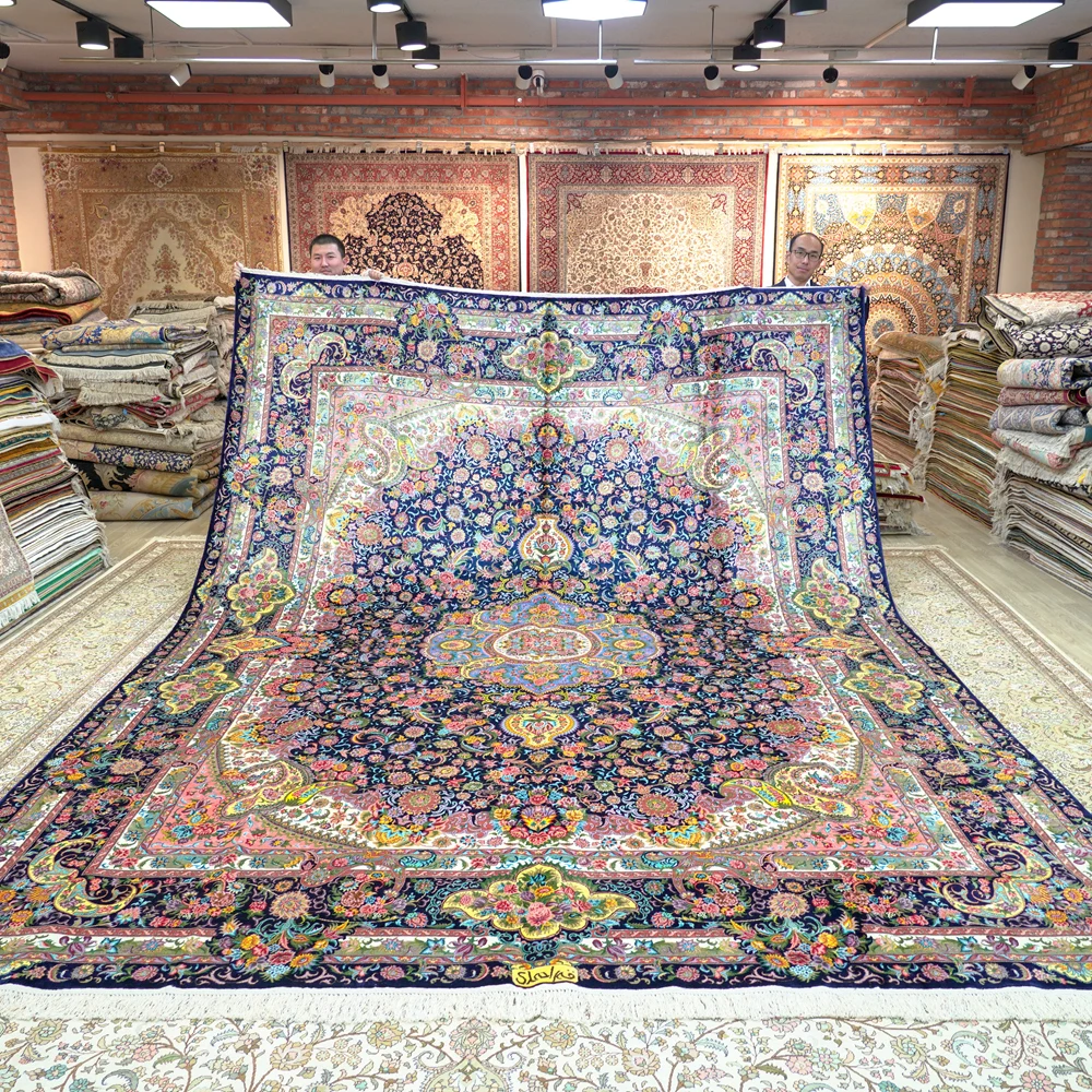 305x427cm Vantage Turkish Silk Rug Large Antique Blue Medallion Persian Silk Carpet (TJ199A)