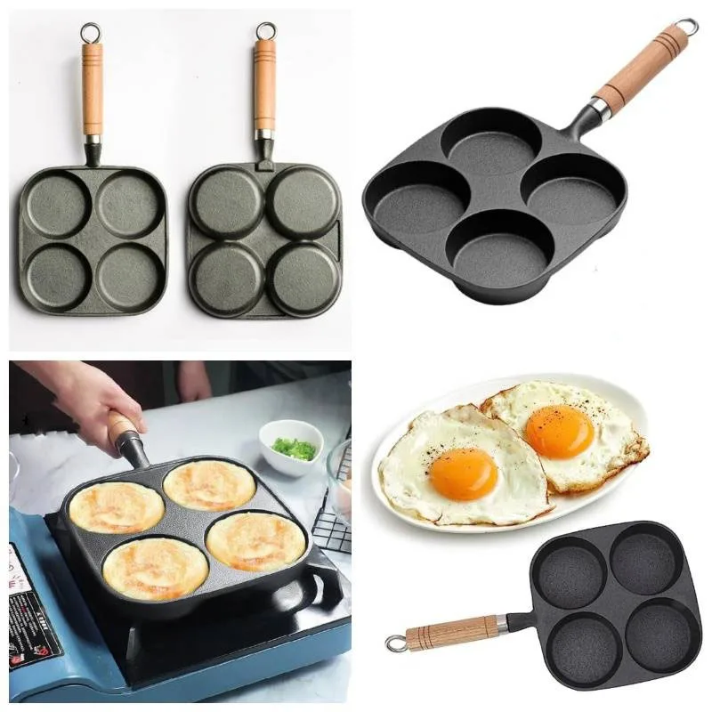 مقلاة ذات 4 فتحات مقلاة بيض منزلية غير لاصقة مسطحة القاع موقد عالمي من الحديد الزهر الإفطار برغر البيض ستيك طباخ #1