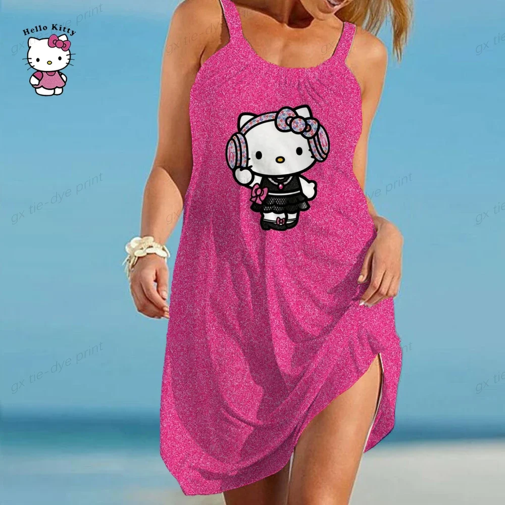 Dames Zomer Mouwloze Ronde Hals Effen T-Shirt Jurk Hallo Kitty Print Geplooide Swing Casual Losse Pullover Streetwear