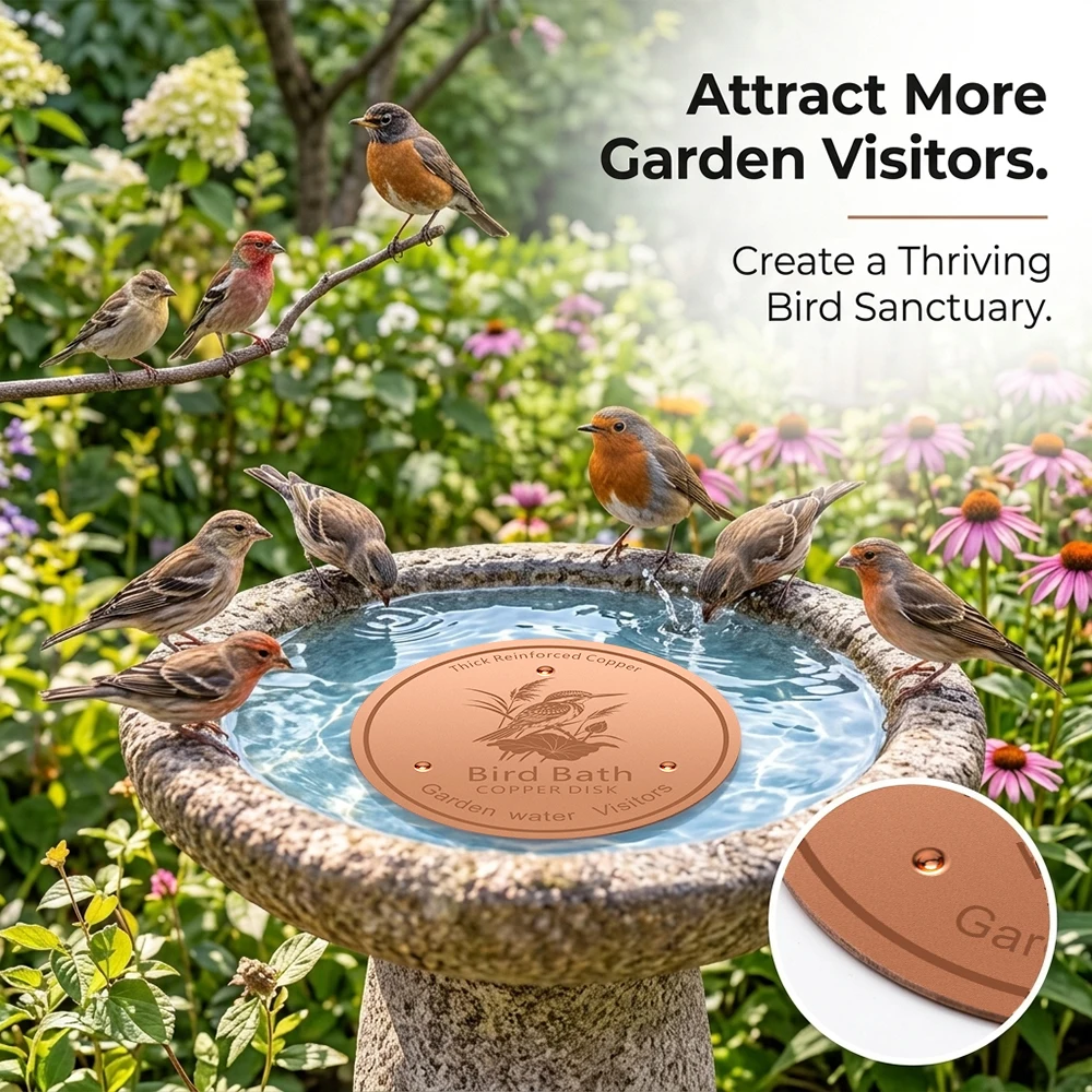 Thick Reinforced Copper Bird Bath Disk, Garden Water Visitor Attractor with Engraved Bird Pattern, Durable Metal
