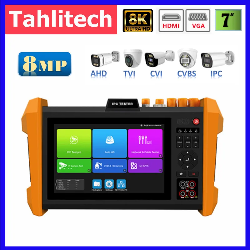 

7" CCTV IPC Tester optical Fiber Network Testing 8MP AHD TVI CVI Camera Tester 8K H.265 IPC Tester HDMI VGA