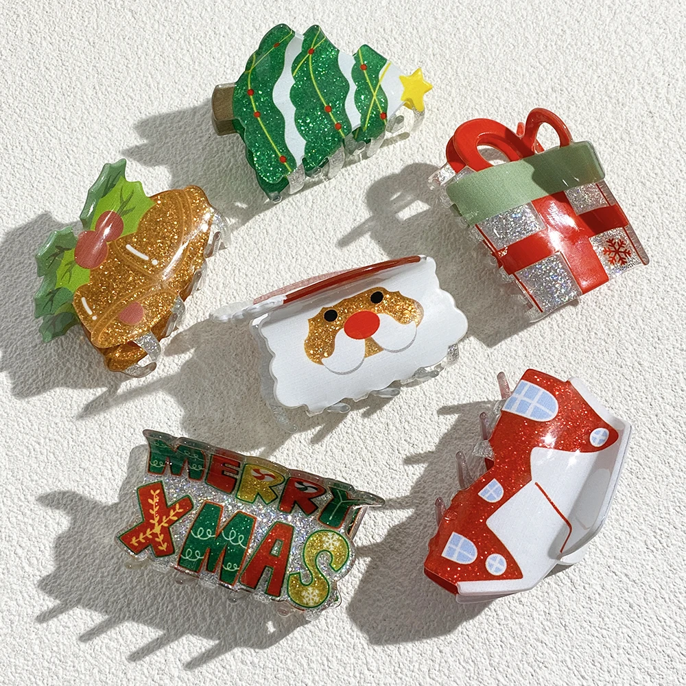 Christmas Tree Glitter Acrylic Hair Claw Clip Cute Festive Green Xmas Tree Banana Clip Women Holiday Party Hair Accessories view 2