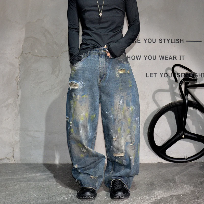 

American Street Vibe Graffiti Ripped Washed Jeans Men Fashion Streetwear Loose Wide Leg Straight Floor-Length Denim Pants