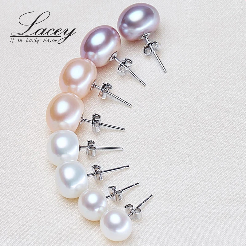 Real White Natural Freshwater Pearl Earrings Woman,Flat 925 Silver Pearl Stud Earrings Leverback Wife Mother Present Black