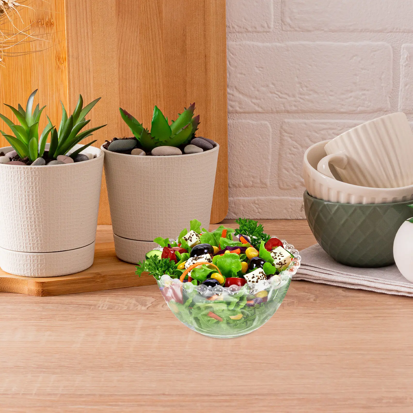 1Pcs Food Serving Glass Bowl Beads Design Smooth Surface Salad Fruit Dessert Storage Kitchenware Glass Dessert Bowl