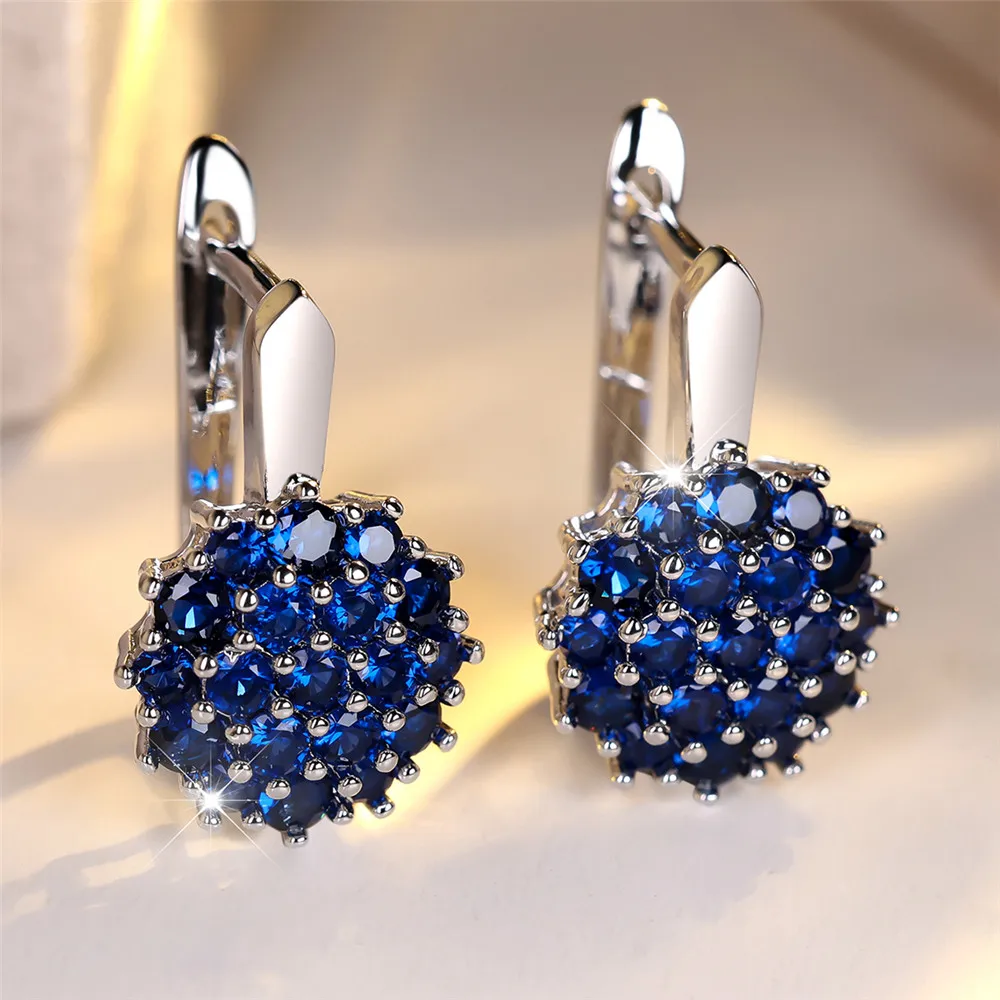 Boucles d'oreilles rondes en cristal bleu tournesol pour femmes, bijoux en Zircon, couleur or Rose argent, fleur de mariage, cadeau de fiançailles