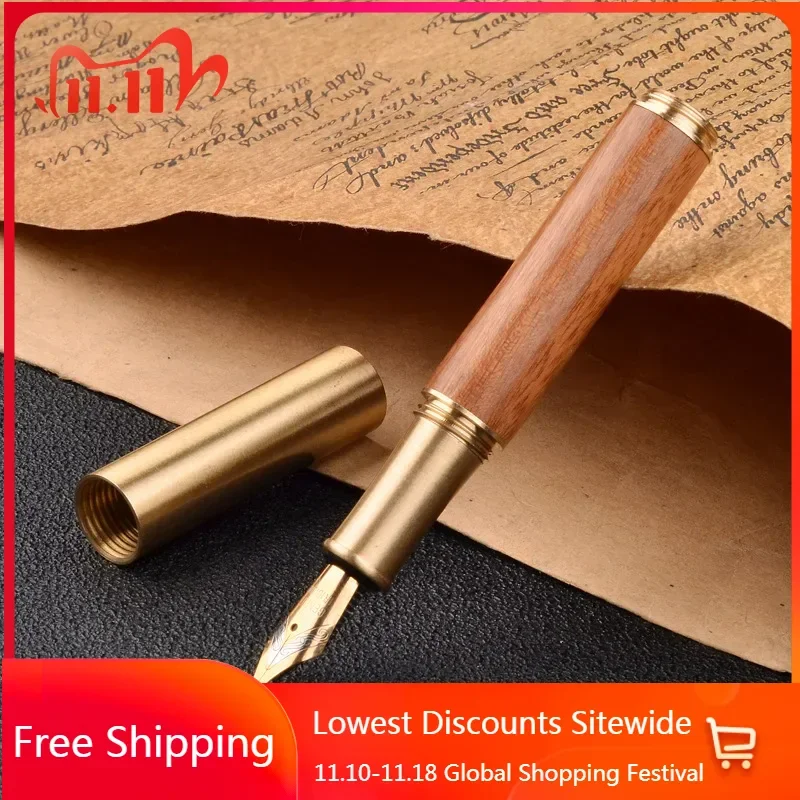 

Wooden Brass Traveling Metal Fountain Pen Beautiful Patterns F 0.5mm Nib Iridium Gold Pen Tip Writing Ink Pen Luxury Stationery