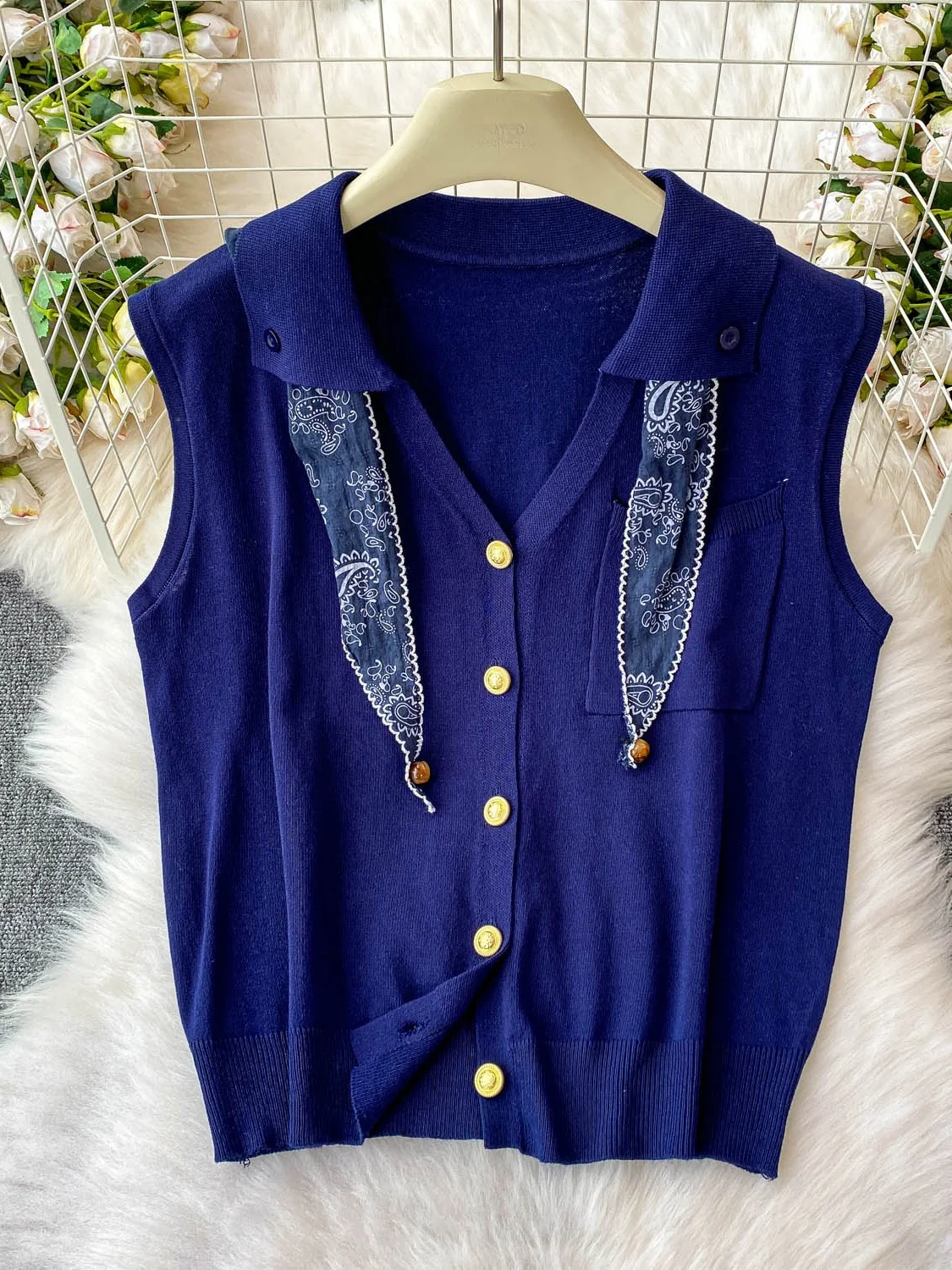 

Гонконг Sle V-Ne Svel вязаный жилет топ с высокой талией в полоску широкие брюки комплект для похудения женский ансамбль Faion