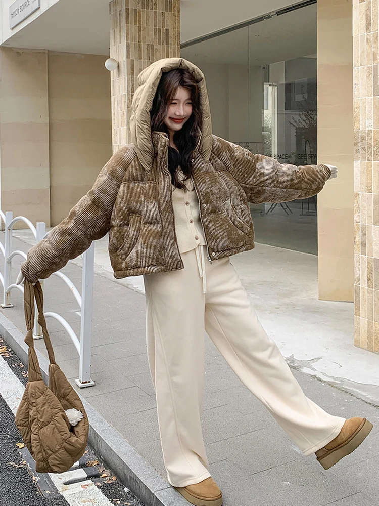 Winter Hooded Tie Dye Short Down Jacket Female Thicken Warm Loose Pocket Jacket Women White Duck Down Zipper Puff Parker Outwear
