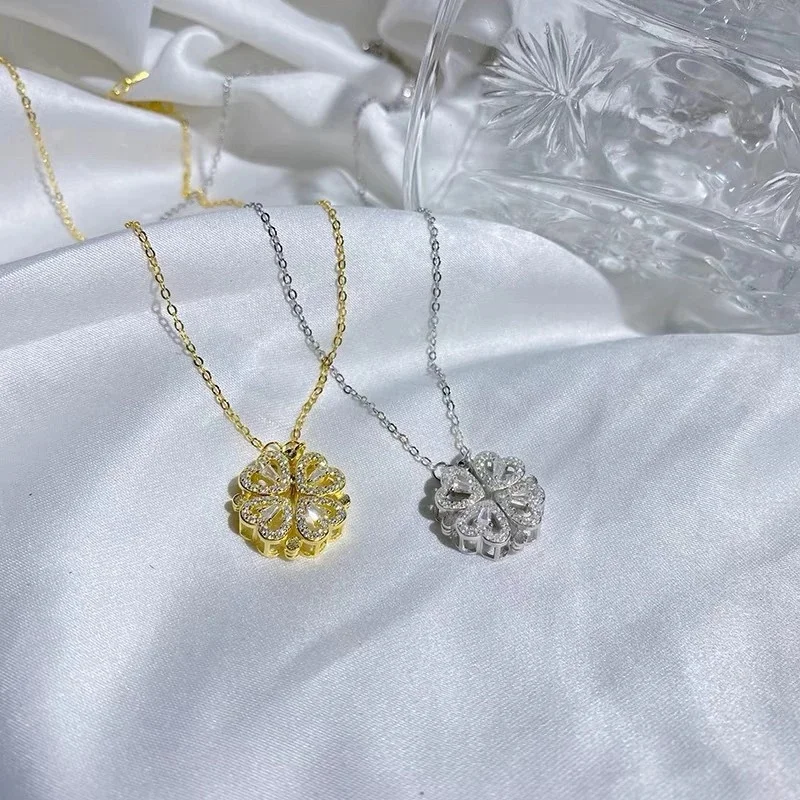 1pc Heart Shaped Four Leaf Clover Pendant Necklace Jewelry Zircon Women Love Clavicle Chain Gifts Openable ChokerJewelry_maomaolike.com