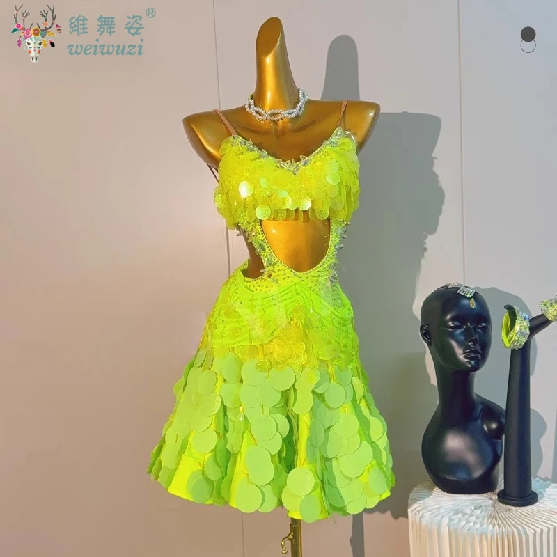 Latin Dance Dress AB Stone High-End Customized Large Sequins Backless Dress Adults and Child Competition Performance Costumes