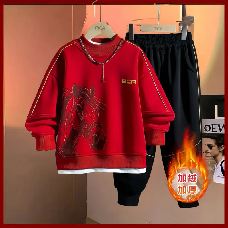 

2026 Boys Winter Fleece Lined Two Piece Hoodie Set for Kids Toddlers Comfortable Casual Outfit New Year Celebration Daily Wear