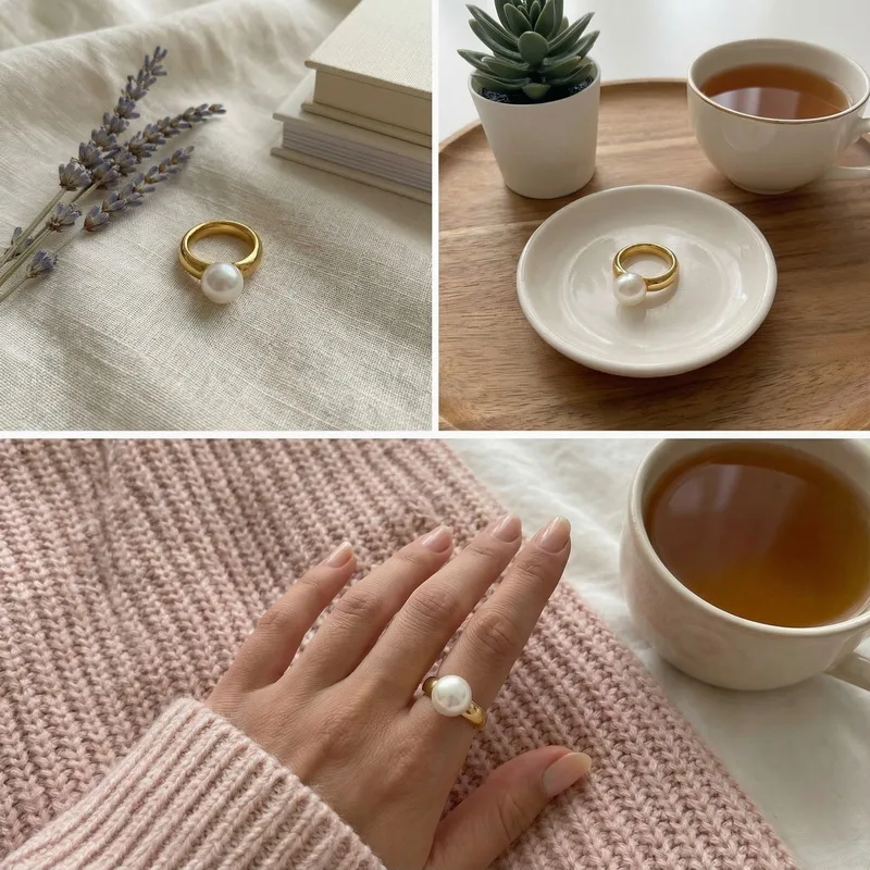 Kalen Fashion Anillos White Simulated-Pearl Rings For Women Gold Color Stainless Steel Wedding Bands Finger Party Jewelry