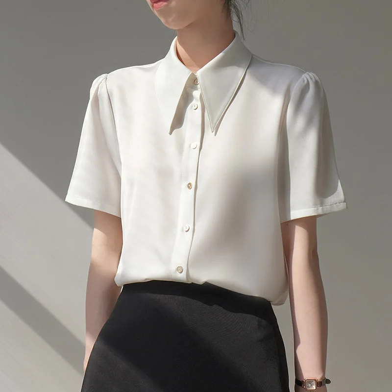 

Women's Clothing Fashion Solid White Turn-down Collar Shirt Summer Elegant Chiffon Short Sleeve Button Blouse Office Lady Tops