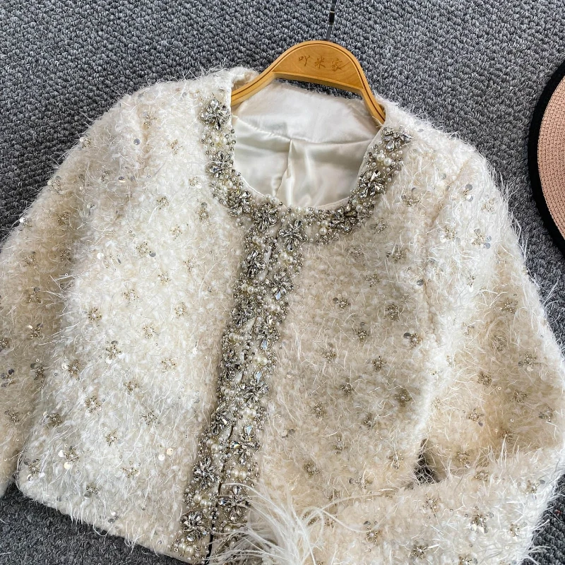 Light luxury heavy industry diamond studded bead round neck jacket women high-end elegant temperament patchwork sequin coat